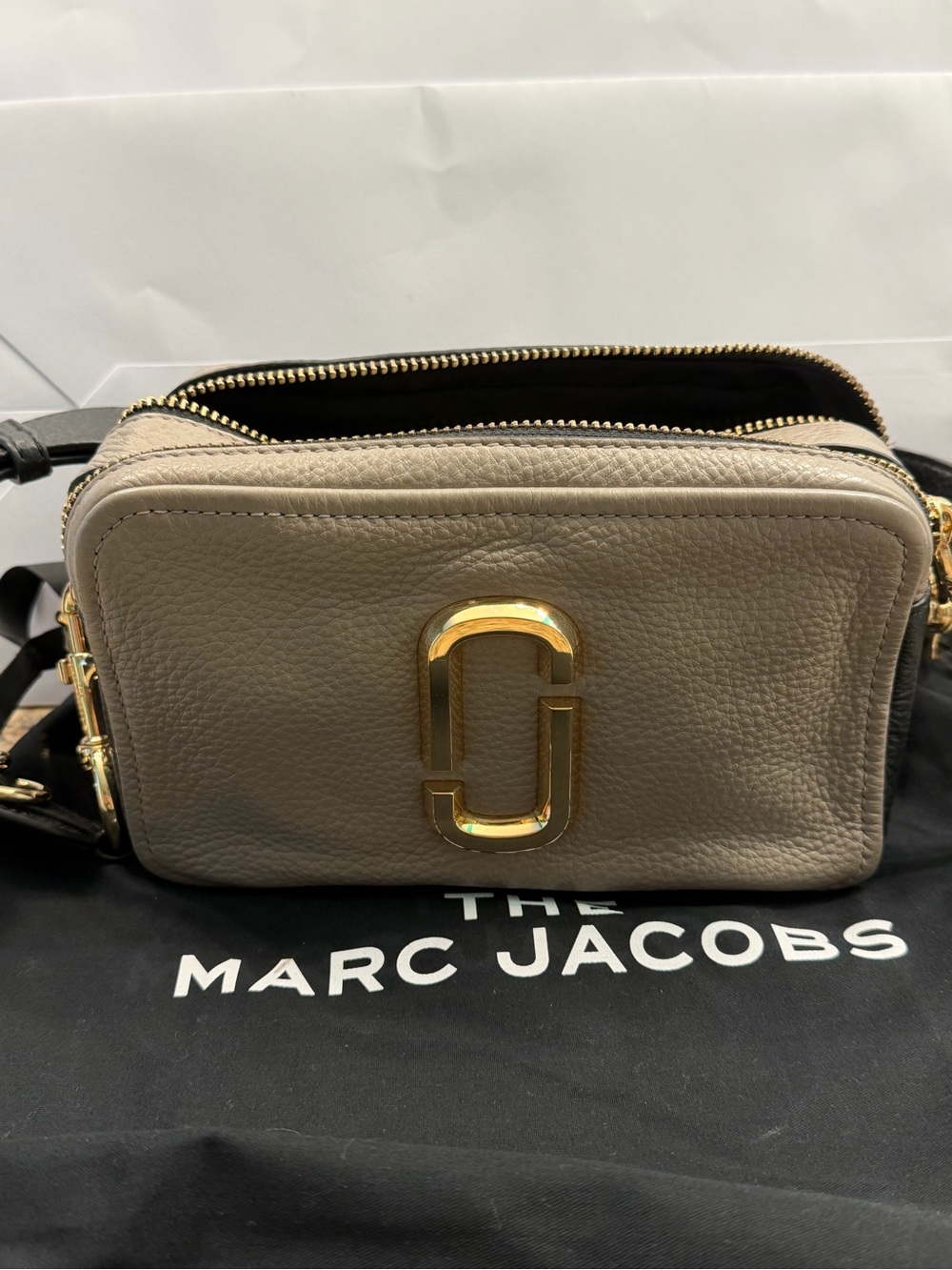 Marc Jacobs Double J Pebbled Leather Crossbody in Taupe with Gold Hardware